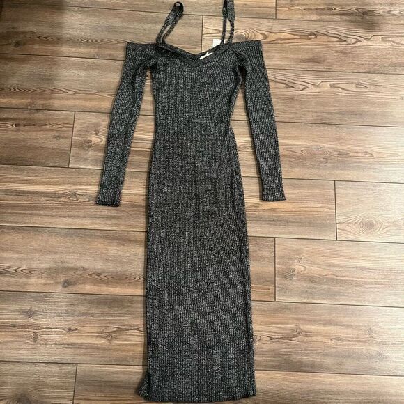 Open Edit Maxi Dress Women's Medium Black Ribbed Off The Shoulder Long Sleeve - Picture 2 of 6